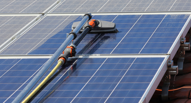 Solar panels being cleaned with a water-fed pole
